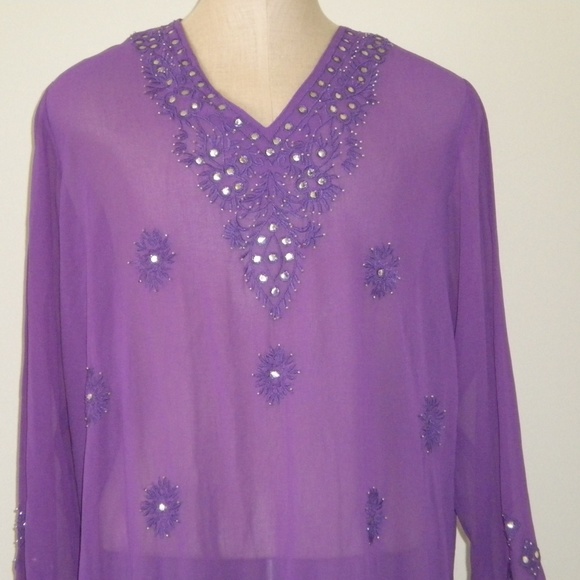 Sheer Purple Embroidered Swimsuit Long Coverup. F - Picture 2 of 8
